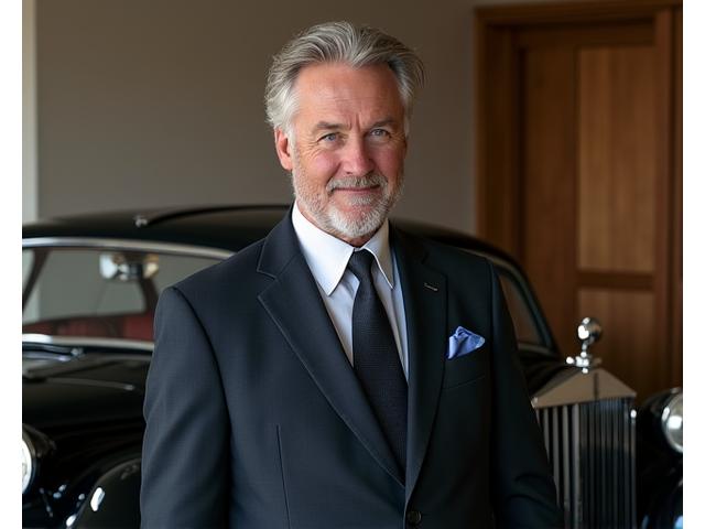 Alexander Vance, CEO of Luxury Cars, standing by a rare classic car