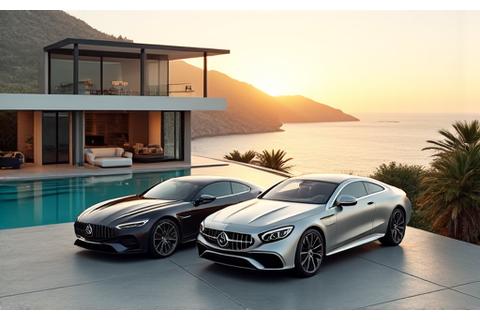 Luxury cars parked outside a modern, minimalist villa overlooking a Mediterranean coastline