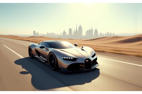 Sleek supercar driving on a pristine desert highway towards a futuristic, minimalist city skyline