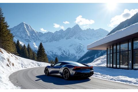 Luxury sports car parked on a scenic mountain road in the Swiss Alps, with a modern hotel in the background
