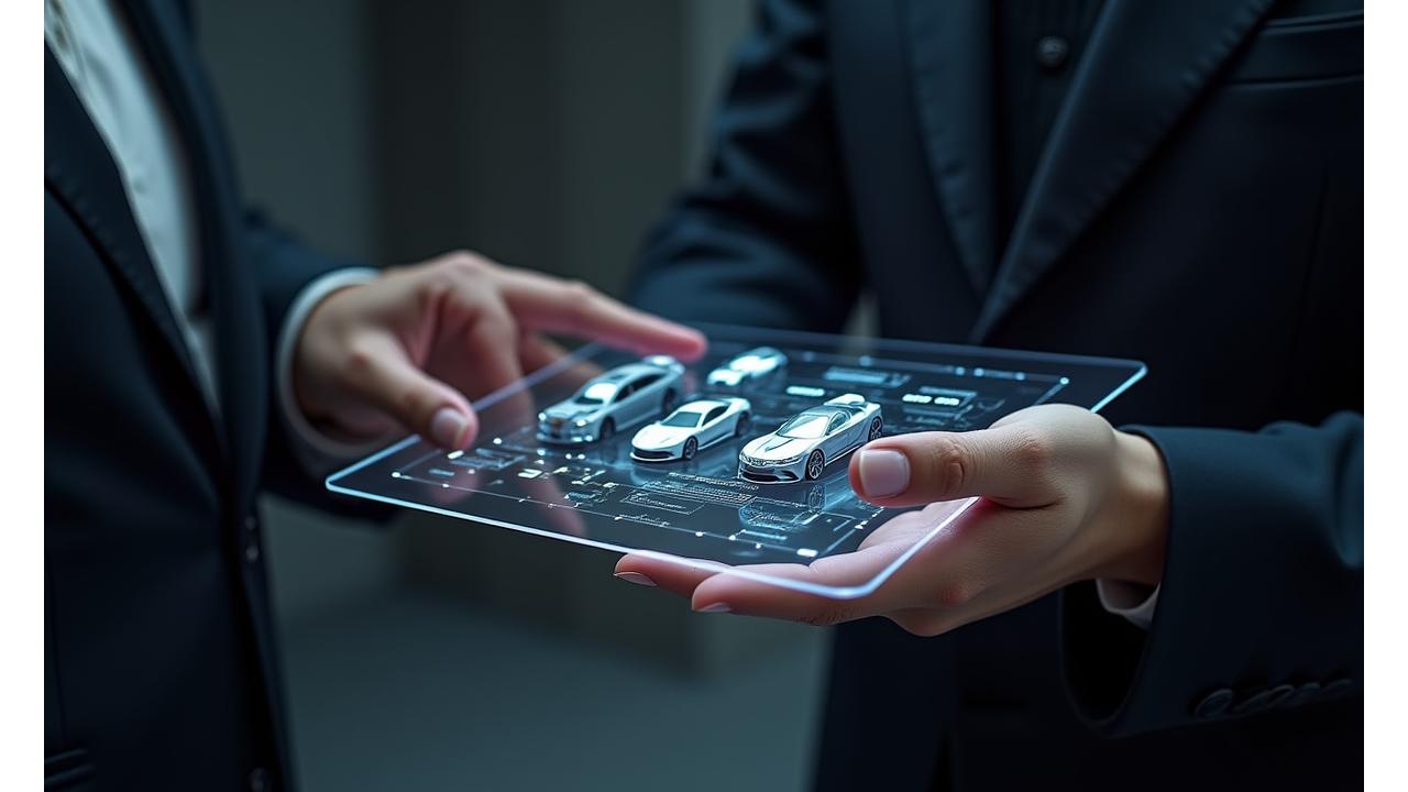 Hands interacting with a sleek, minimalist digital interface on a transparent screen, showing various luxury car models and subscription options.