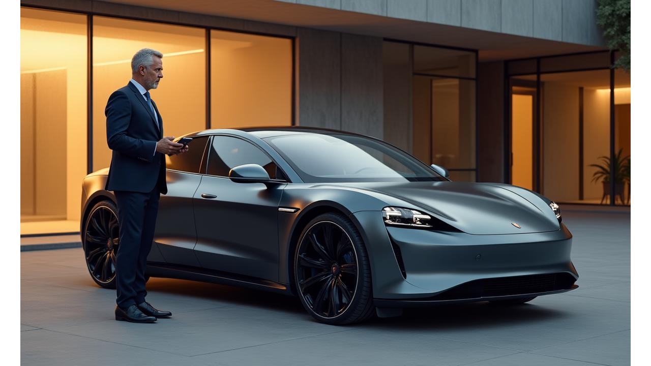Modern professional stepping out of a high-performance luxury vehicle, holding a tablet, with a sleek, minimalist building in the background.