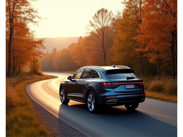 High-end luxury SUV driving through a pristine, autumnal landscape, conveying elegance and capability.