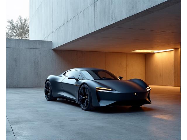 Sleek, futuristic electric performance car parked in a minimalist, architecturally stunning garage, reflecting advanced design.