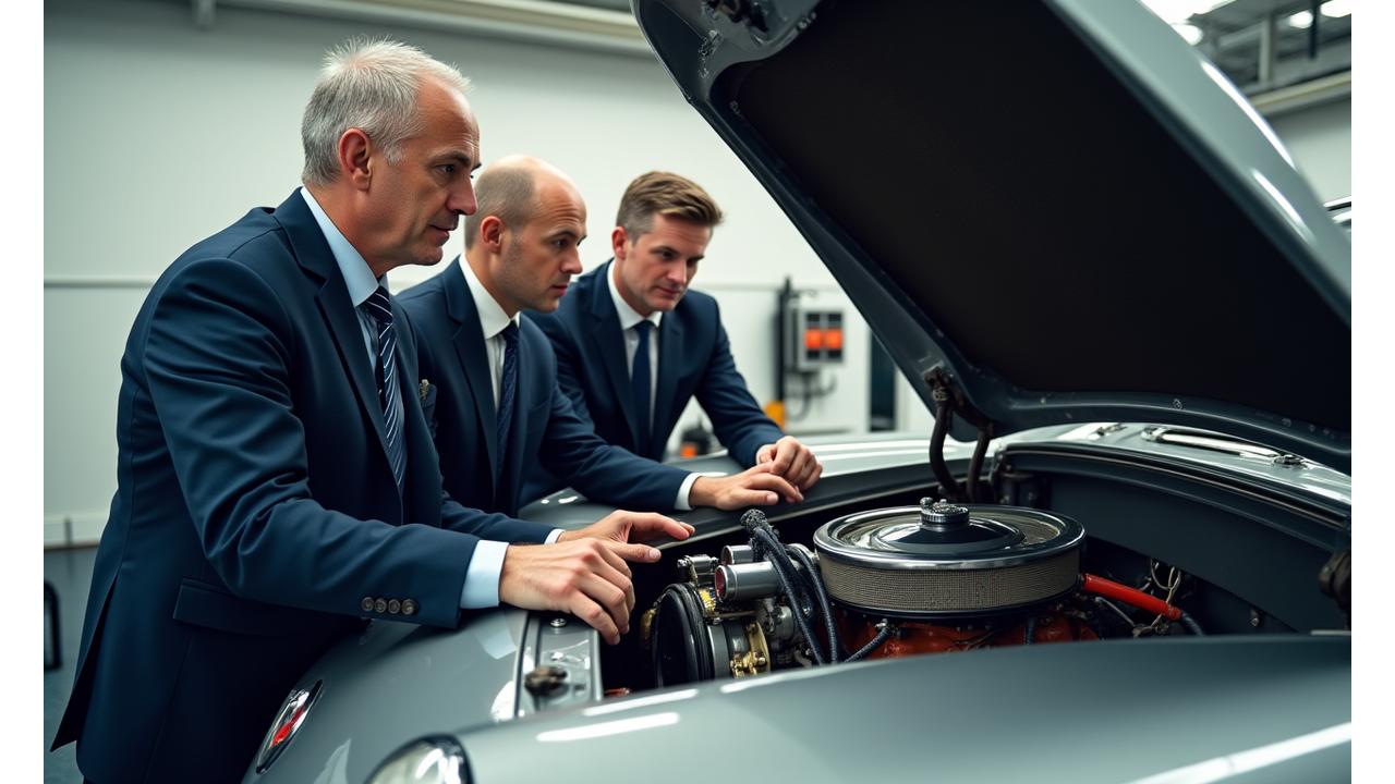 A team of classic car experts meticulously inspecting a vintage engine bay under bright lights