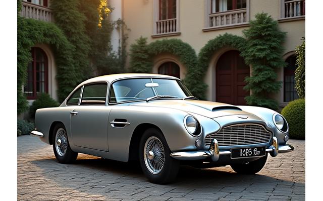 Immaculate silver 1960s classic grand touring car parked in a stately courtyard
