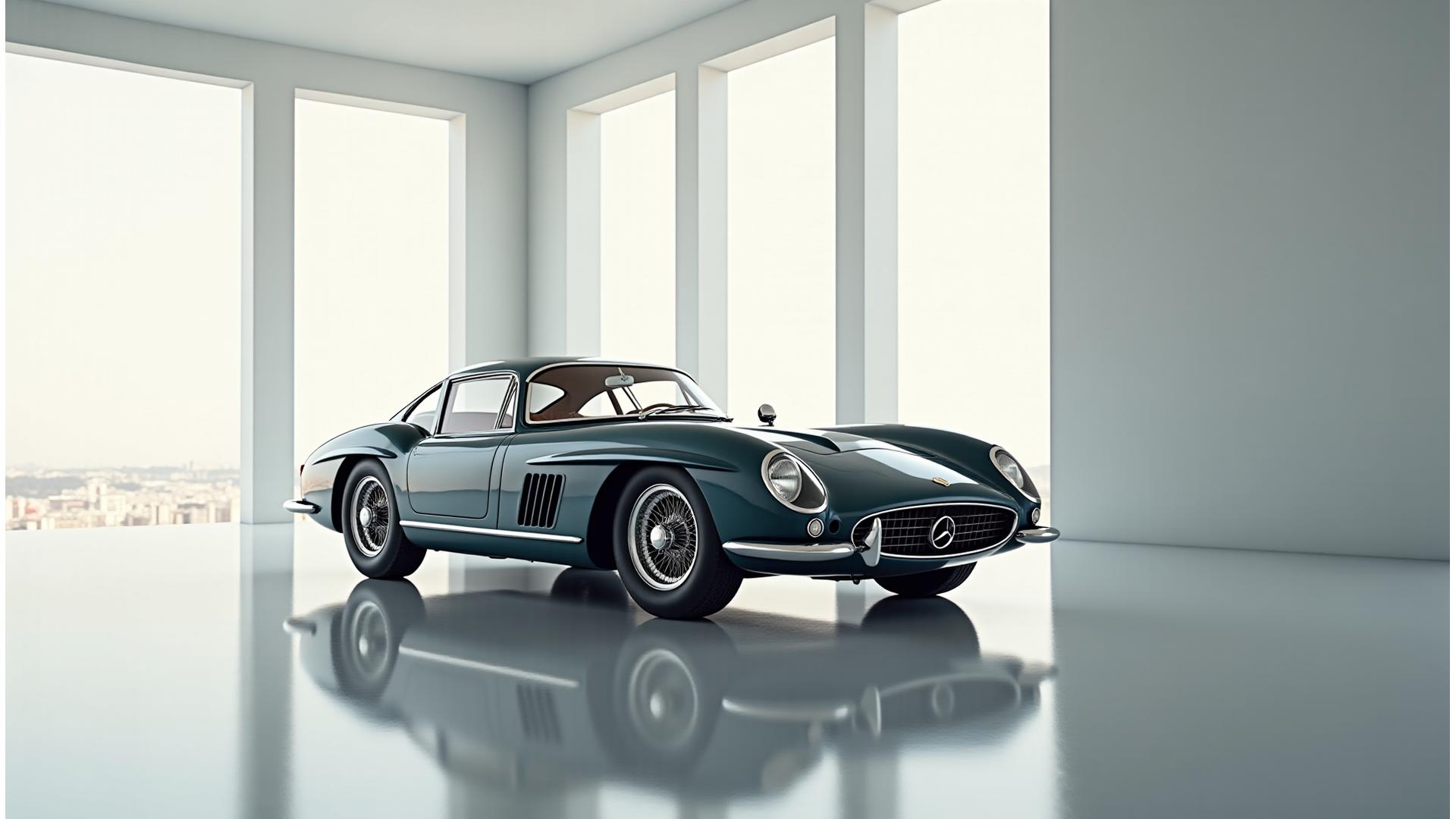 Pristine classic collector car elegantly displayed in a vast, minimalist gallery space with soft lighting