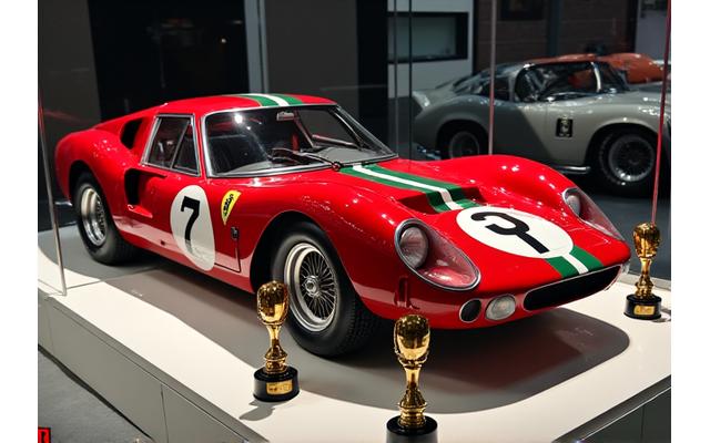 Vintage racing car, possibly an iconic Ferrari, with racing stripes and trophies on display