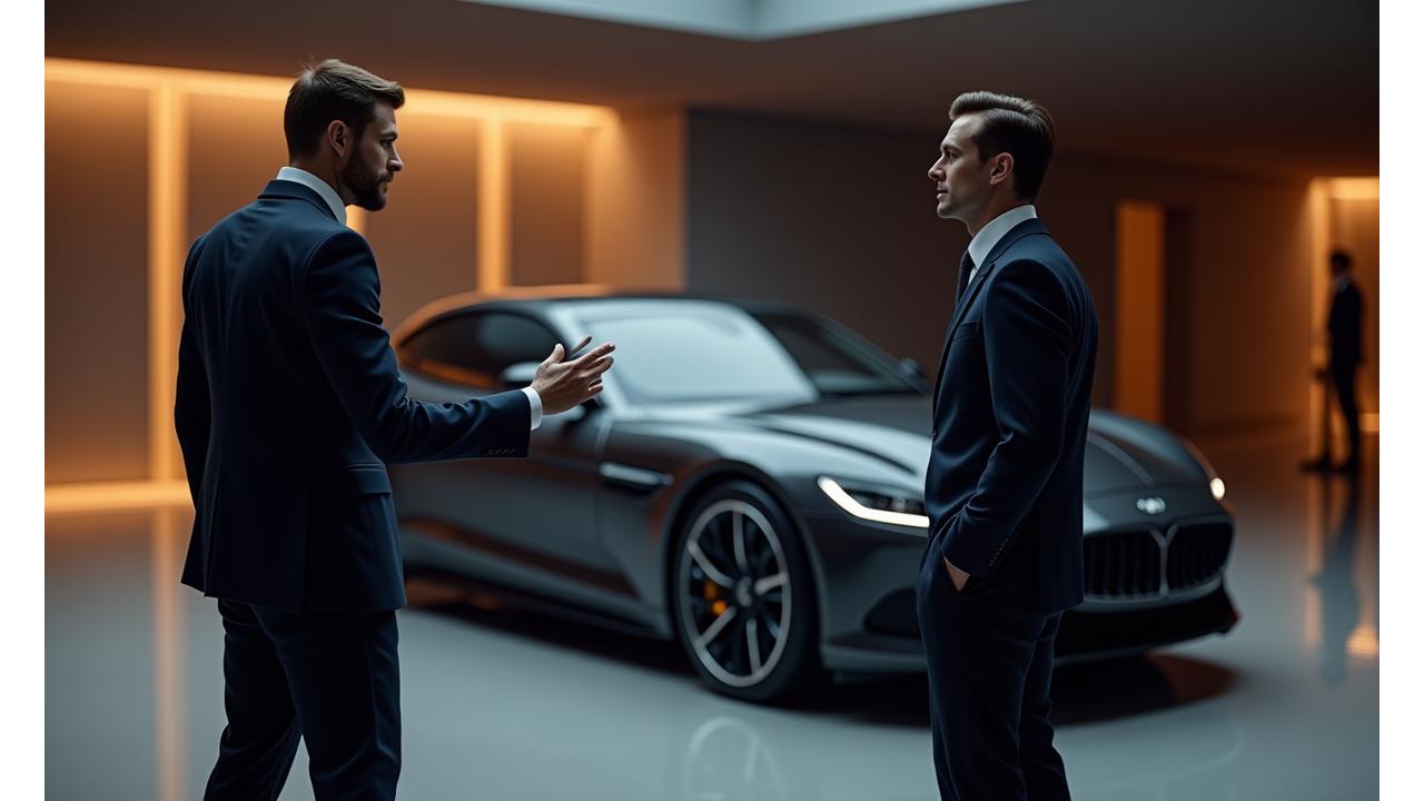 Professional automotive concierge assisting a distinguished client with a luxury car in a modern, minimalist showroom