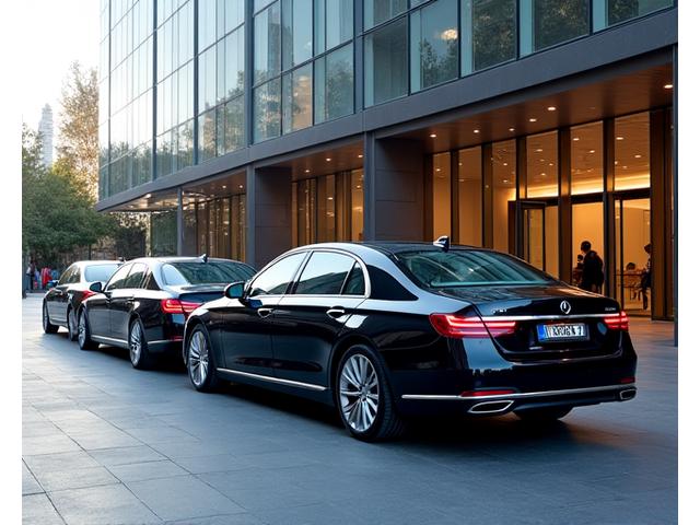 Highly polished luxury executive sedans lined up for a corporate event