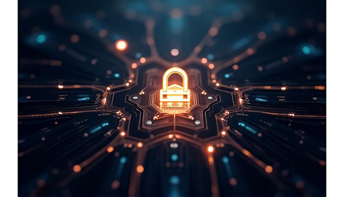 Abstract representation of secure digital communication, with glowing lines and a lock icon over a dark, sophisticated background.