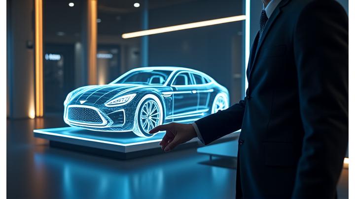 Person interacting with a holographic display of a luxury car in a modern digital environment