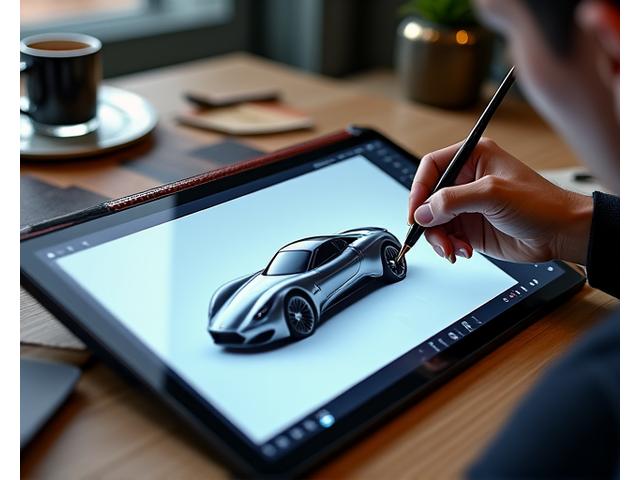 A designer's hand sketching a luxury car concept on a tablet, surrounded by high-quality material swatches and design tools, emphasizing a meticulous bespoke process.