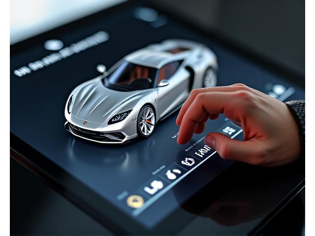 A highly detailed 3D render of a luxury sports car interior being customized on a large digital screen with real-time updates.