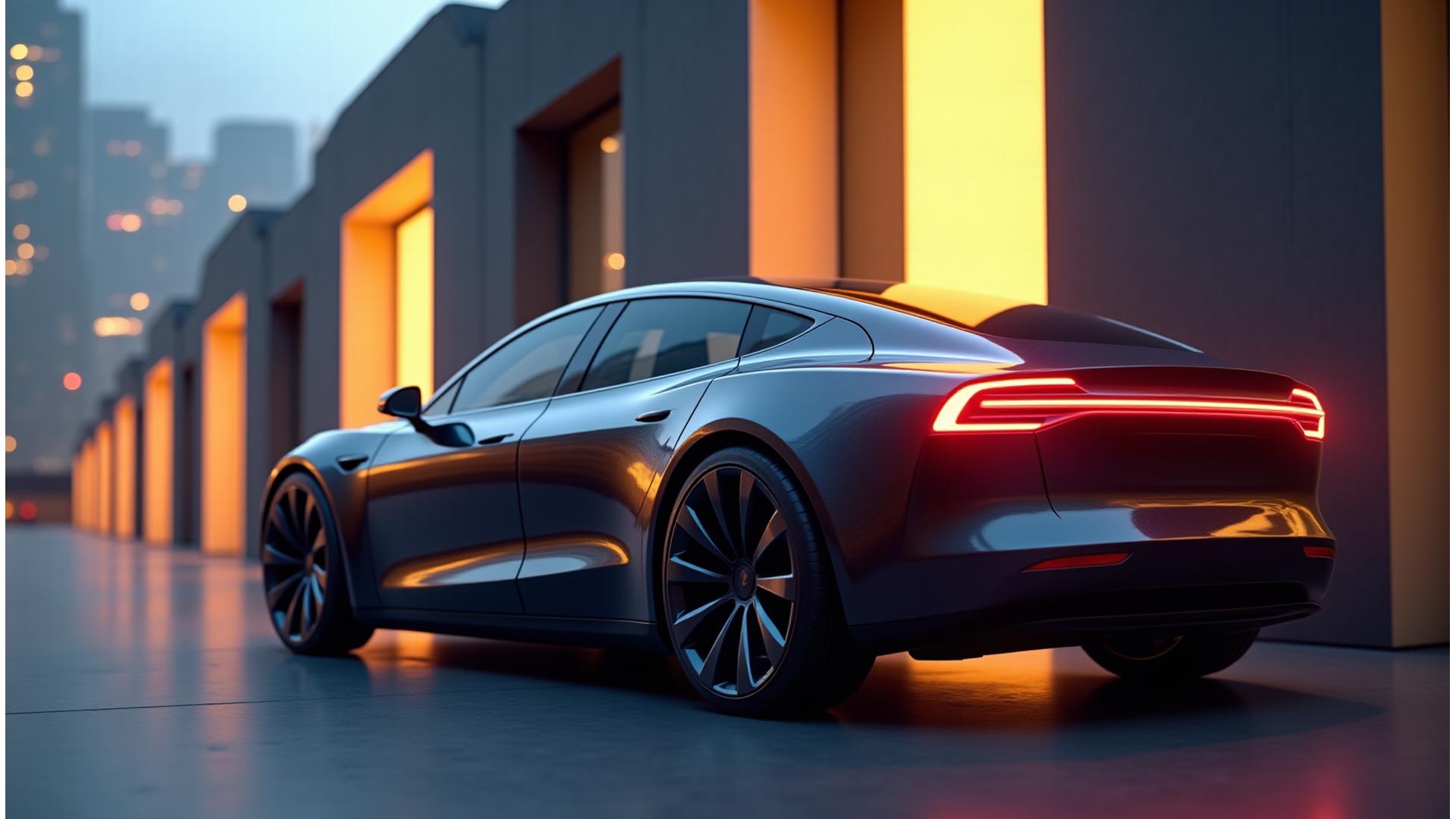 Stunning electric luxury vehicle parked elegantly at a sleek, modern charging station with city lights in the background at dusk
