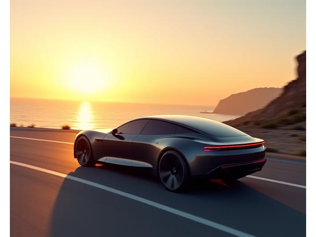 Sleek, futuristic electric luxury sedan in motion on a scenic coastal road at sunset