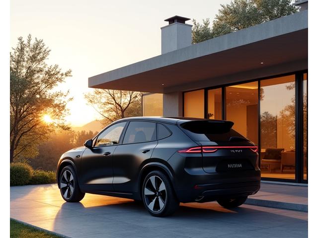 Luxurious electric SUV elegantly parked in front of a modern architectural home