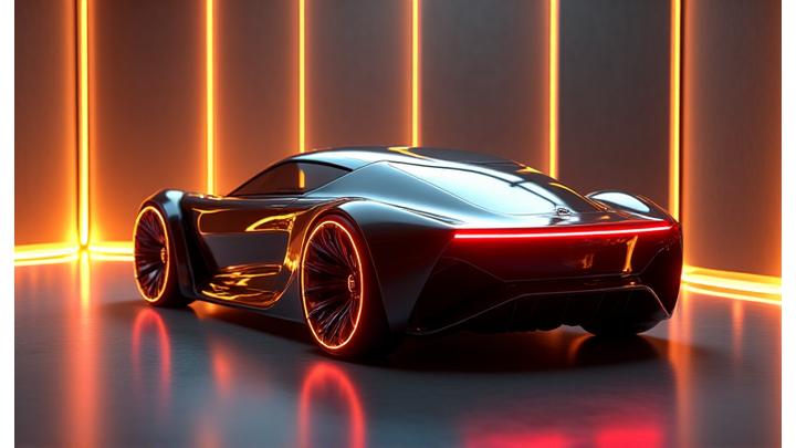 Futuristic luxury concept car with glowing elements in a high-tech laboratory