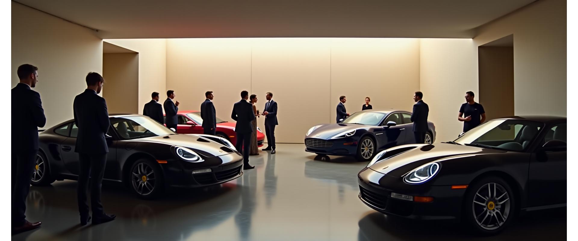 Guests socializing amidst luxury cars at an exclusive architectural venue