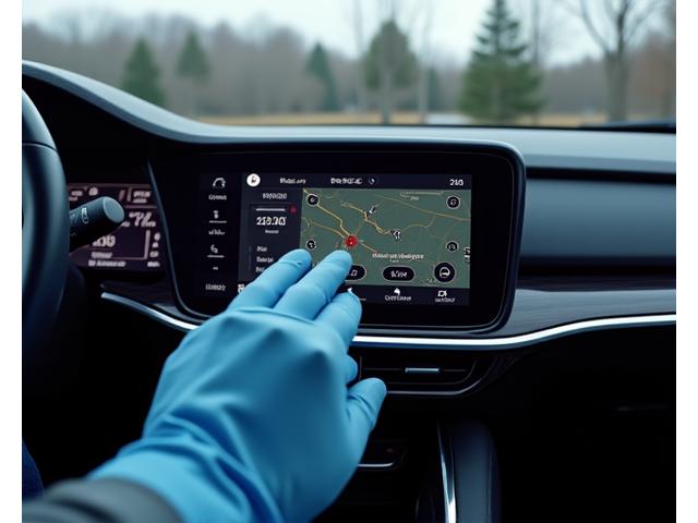 Gloved hand interacting with a large, high-resolution infotainment screen in a luxury SUV