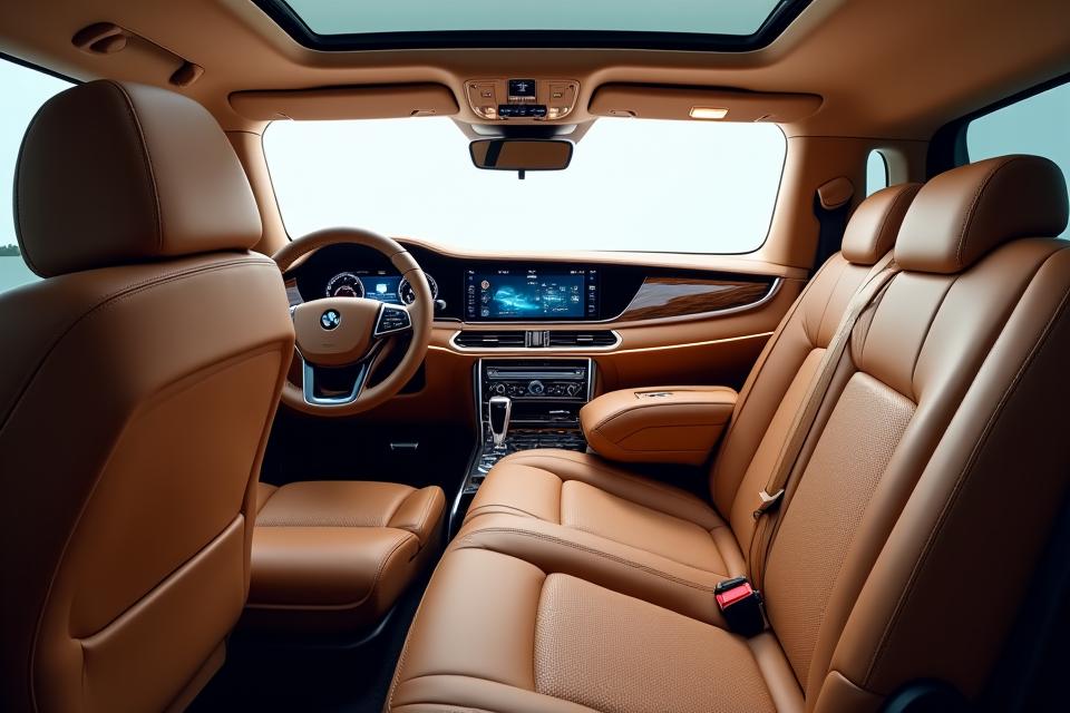 Luxurious SUV interior with executive seating, rear entertainment screens, and premium material finishes