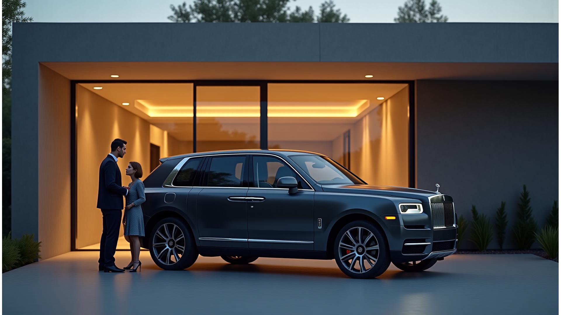 Elegant family in ultra-luxury SUV parked in front of a modern minimalist architectural residence at dusk