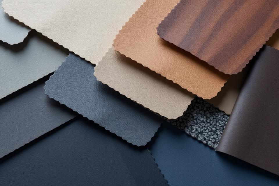 Swatches of bespoke leather, wood, and metal accents for luxury SUV interior customization