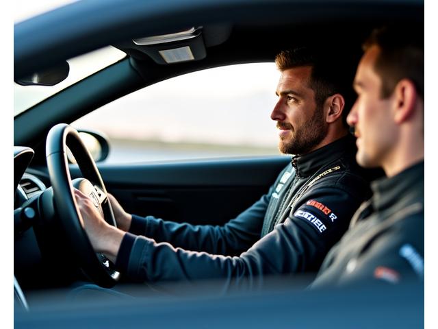 Professional race driving instructor guiding a client in a luxury car