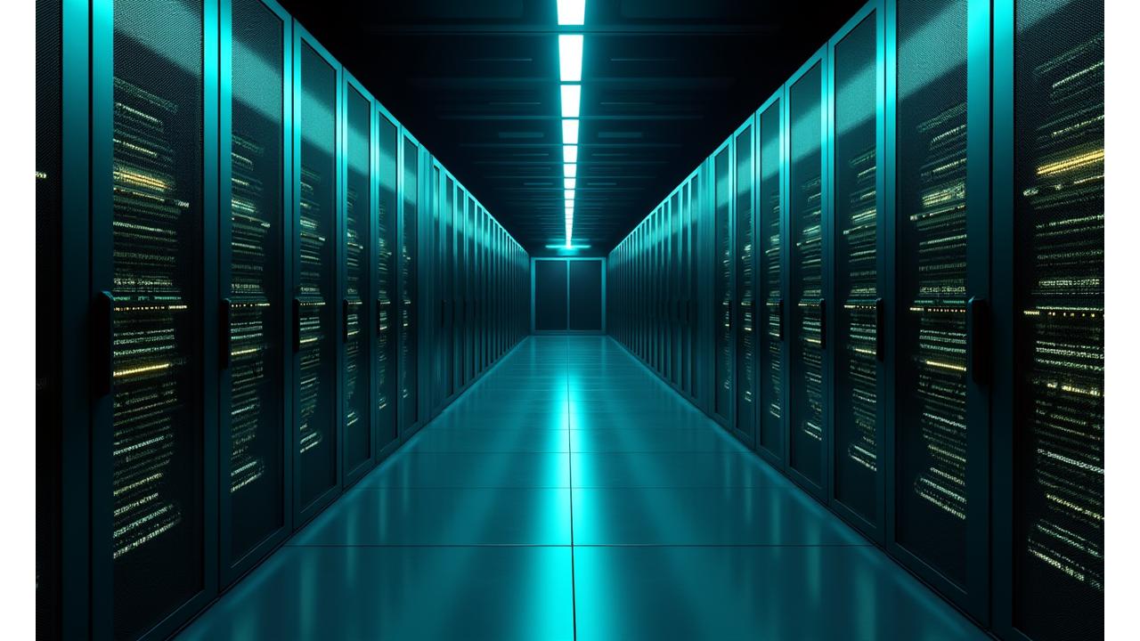 Server room with glowing blue lights, symbolizing robust digital security and infrastructure