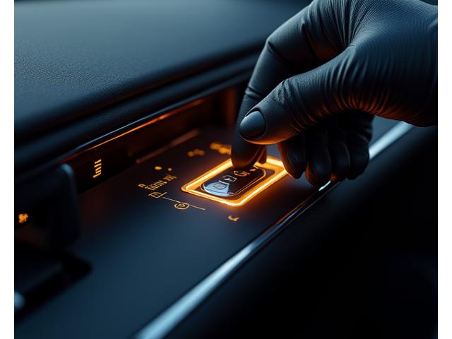 Close-up of a hand placing a key card into a luxury car's ignition, with subtle digital elements overlaid, symbolizing secure financial transactions.