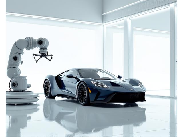 Sleek, futuristic luxury car being carefully driven into a state-of-the-art automated garage, emphasizing precision and high standards of delivery.